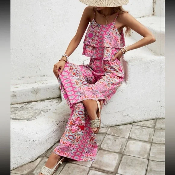 Boho Floral Paisley Ruffle Print Wide Leg Palazzo Pants Crop Cami Top Set Pink - Picture 6 of 9